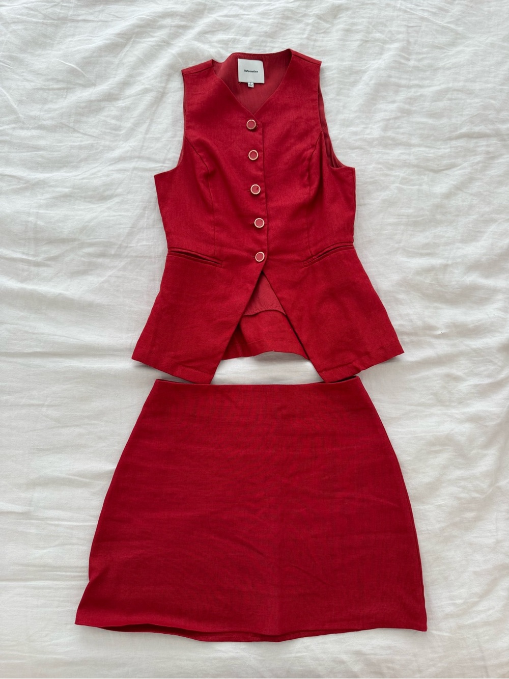 Reformation Red Linen Two-Piece Skirt and Vest Set